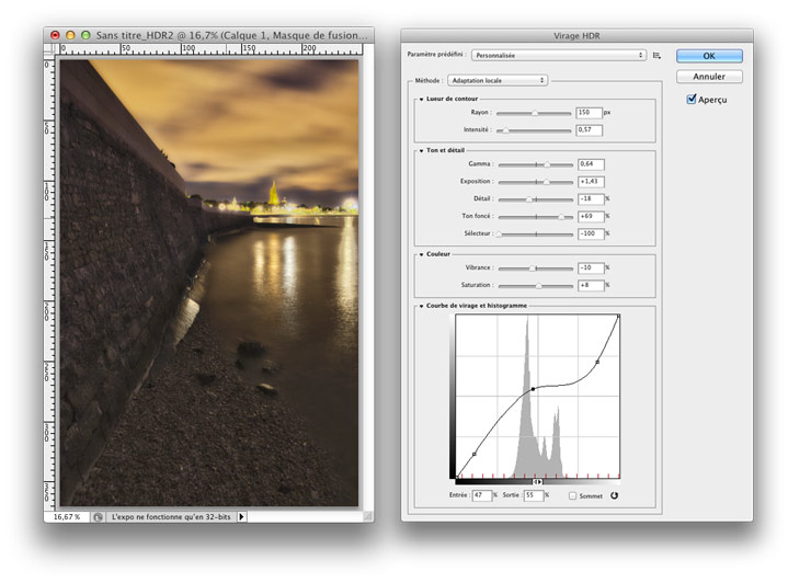 Génération du rendu HDR final à l'aide de l'outil Virage HDR de Photoshop