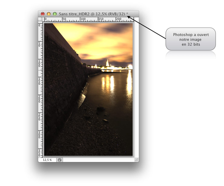Import de l'image HDR 32 bits/canal comportant toutes les nuances dans Photoshop